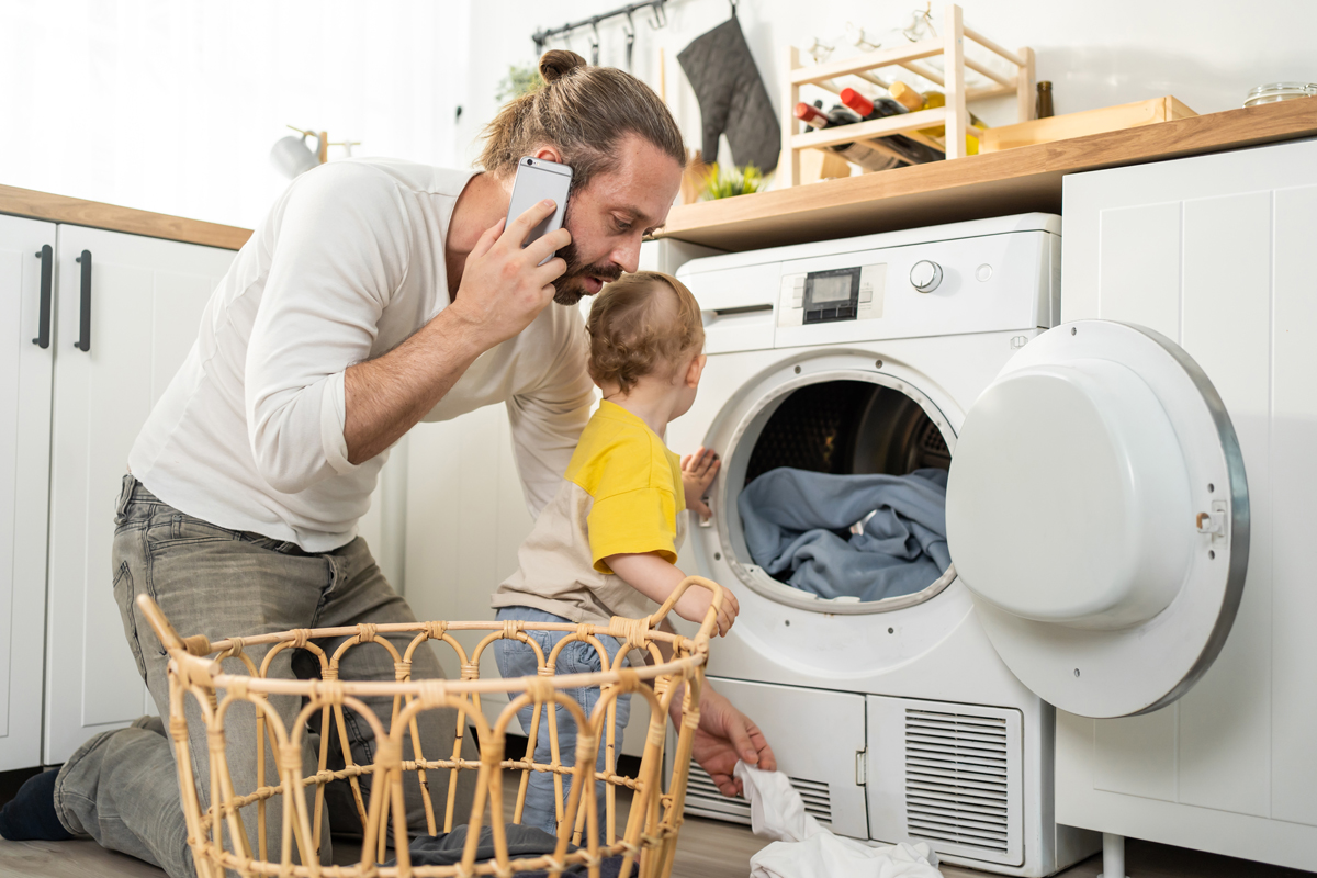 father son call and laundry
