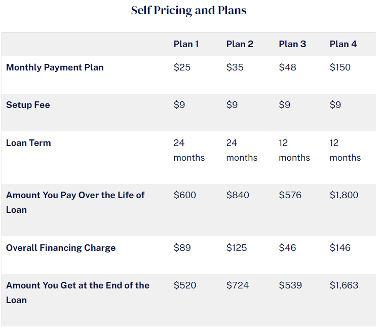 self pricing plans chart